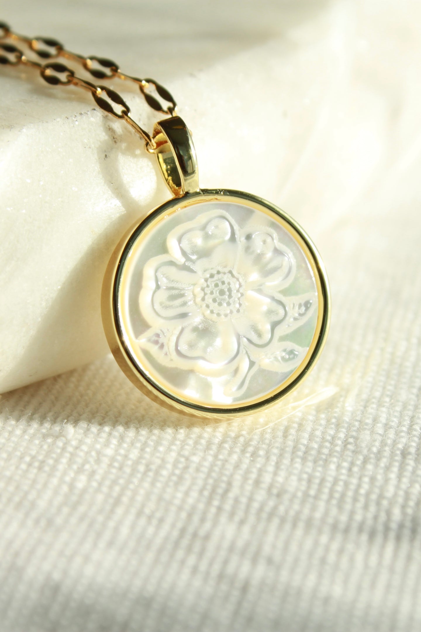 Prairie Rose Etched Mother of Pearl Pendant Necklace