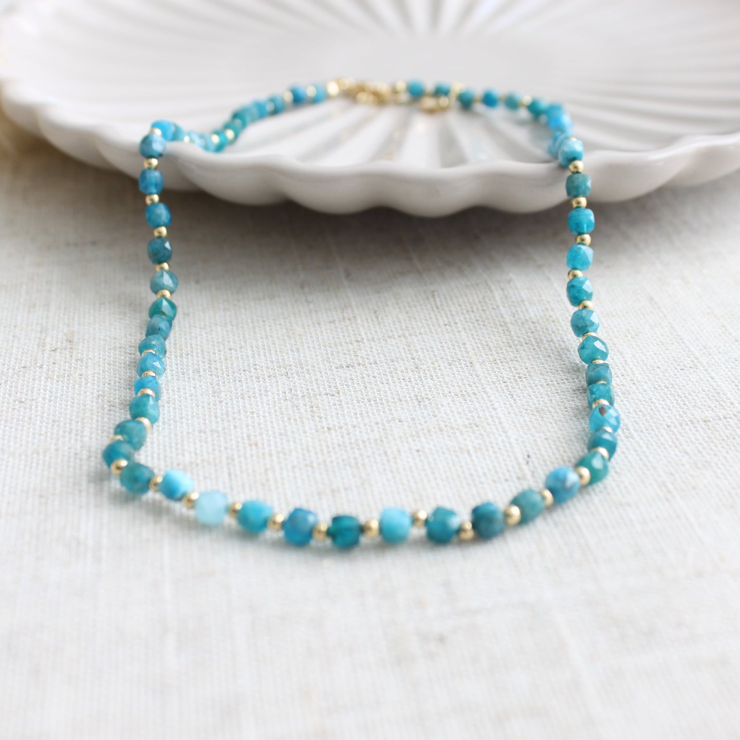 Natural Blue Apatite Multifaceted Cube Gemstone Necklace