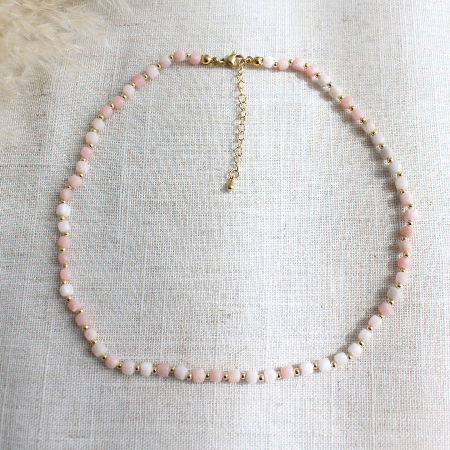 Natural Pink Opal Multifaceted Cube Gemstone Necklace