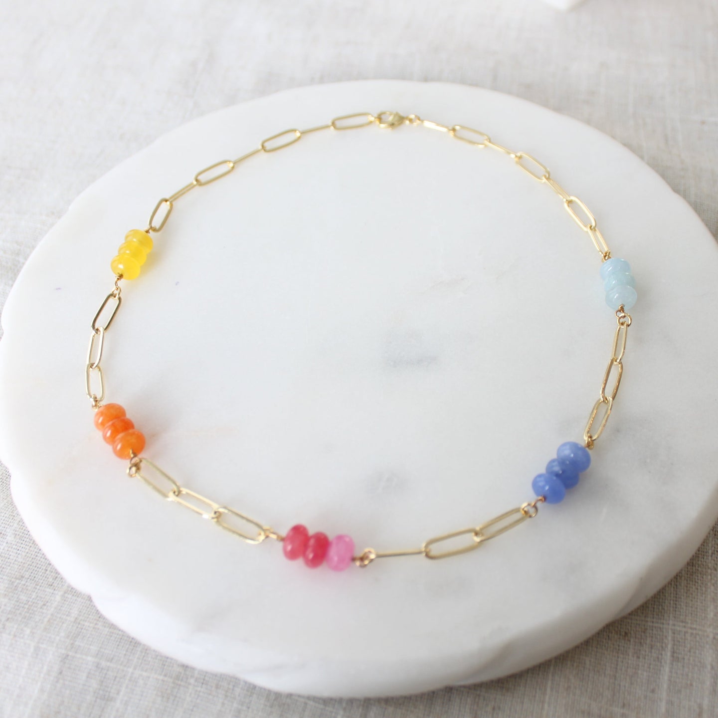 Joanie Rainbow Semi- Precious Stone Rondelle and Paperclip Necklace
