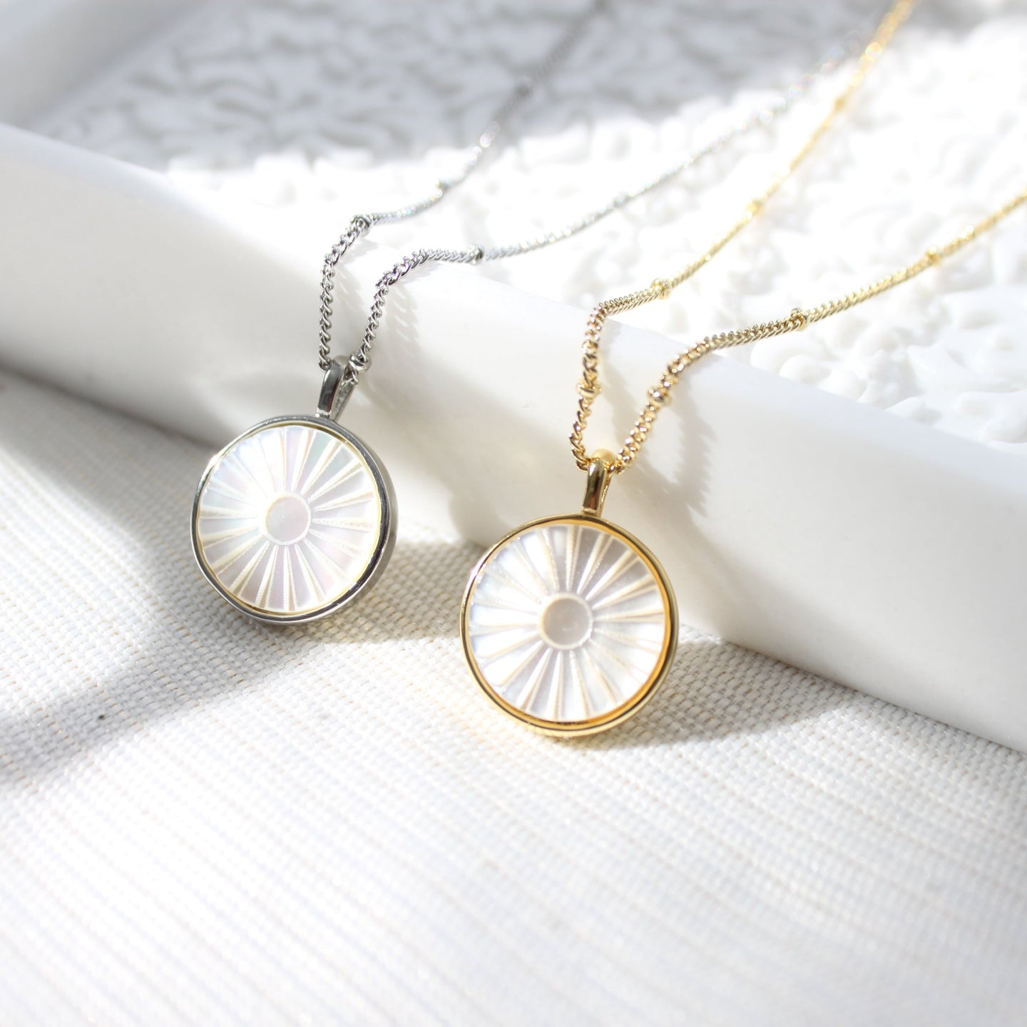 The Sun Etched Mother of Pearl Pendant Necklace