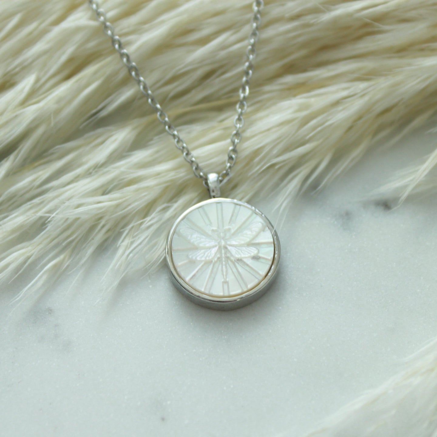 Devine Dragonfly Carved Mother of Pearl Pendant Necklace
